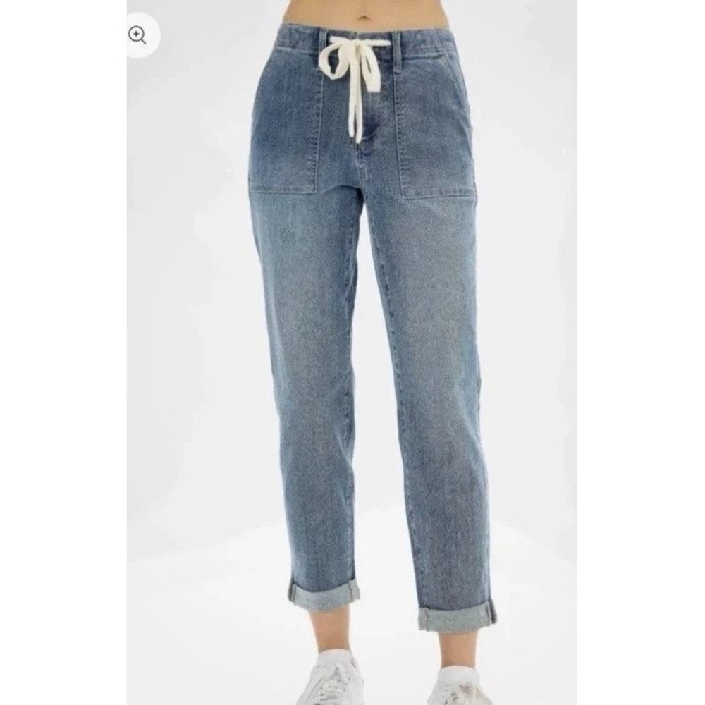 Judy Blue Jogger Jeans Women 7/28 Blue Drawstring Patch Pocket Boho Chic Utility